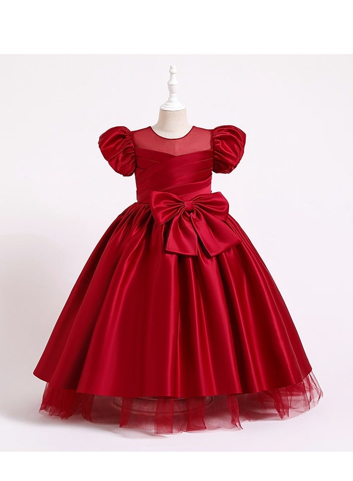 Girls Spring/Summer Fashion Show Big Bow Front Satin Gown Dress Party Princess Dress Toddler Little Kids Birthday Party Evening Dress Host Children's Day Performance Dress Red - Image 1
