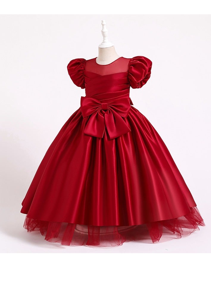 Girls Spring/Summer Fashion Show Big Bow Front Satin Gown Dress Party Princess Dress Toddler Little Kids Birthday Party Evening Dress Host Children's Day Performance Dress Red - Image 2
