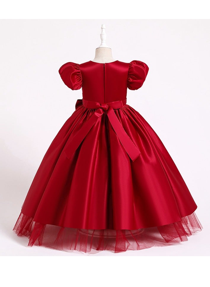 Girls Spring/Summer Fashion Show Big Bow Front Satin Gown Dress Party Princess Dress Toddler Little Kids Birthday Party Evening Dress Host Children's Day Performance Dress Red - Image 3