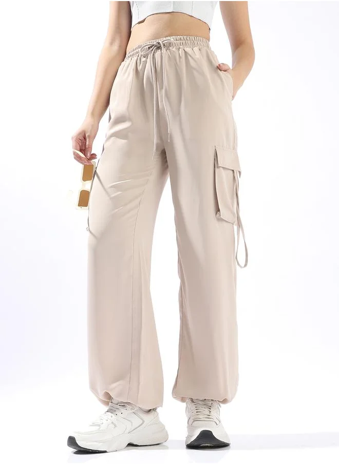 Hubberholme Women's Light Beige 100% Polyester Solid Pattern Full Length Cargo Wide Leg Trouser