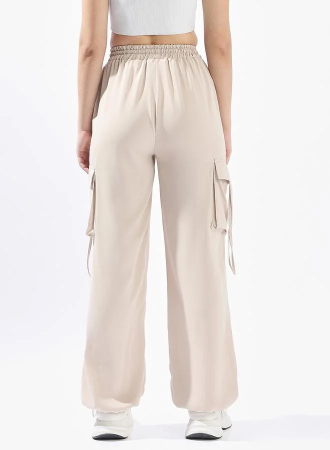 Hubberholme Women's Light Beige 100% Polyester Solid Pattern Full Length Cargo Wide Leg Trouser