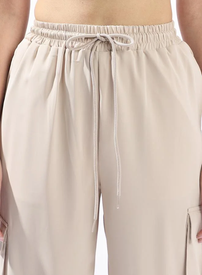 Hubberholme Women's Light Beige 100% Polyester Solid Pattern Full Length Cargo Wide Leg Trouser