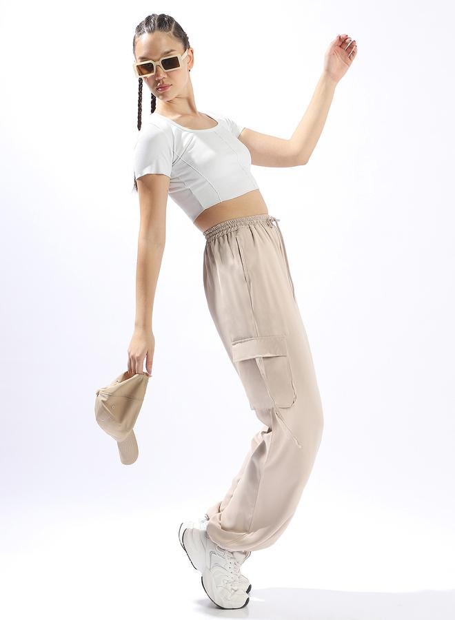 Hubberholme Women's Light Beige 100% Polyester Solid Pattern Full Length Cargo Wide Leg Trouser  - Image 1