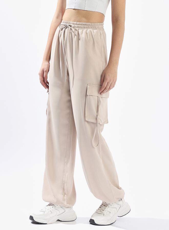 Hubberholme Women's Light Beige 100% Polyester Solid Pattern Full Length Cargo Wide Leg Trouser  - Image 3