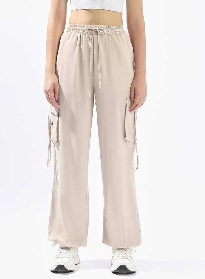 Hubberholme Women's Light Beige 100% Polyester Solid Pattern Full Length Cargo Wide Leg Trouser