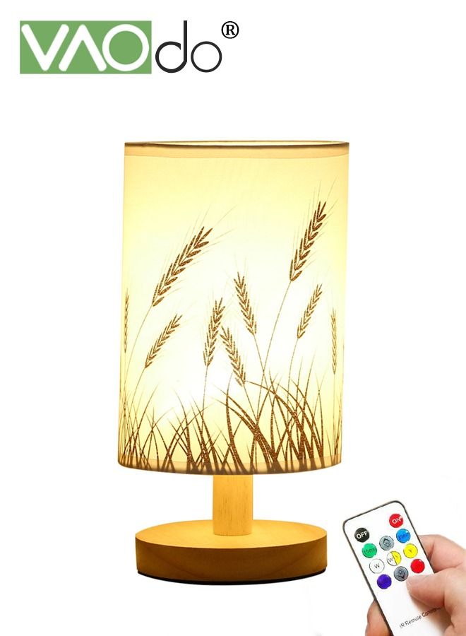 VAOdo 3-color Fabric Table Lamp USB Charging Small Bedside Lamp With Remote Control Solid Wood Base Farmhouse Style Home Decor Table Lamp - Image 1