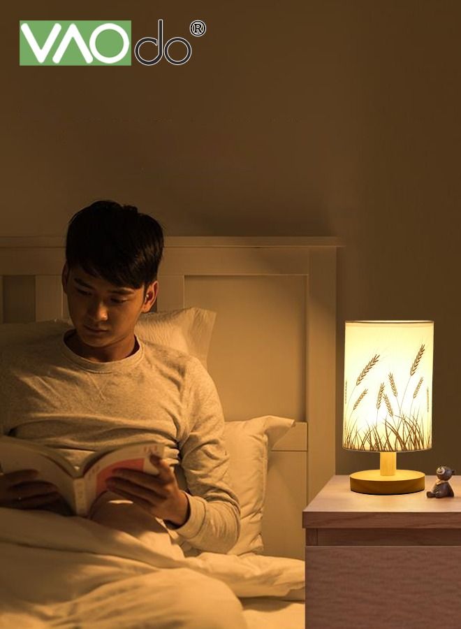 VAOdo 3-color Fabric Table Lamp USB Charging Small Bedside Lamp With Remote Control Solid Wood Base Farmhouse Style Home Decor Table Lamp - Image 2