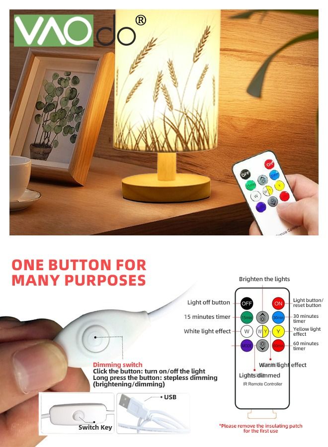 VAOdo 3-color Fabric Table Lamp USB Charging Small Bedside Lamp With Remote Control Solid Wood Base Farmhouse Style Home Decor Table Lamp - Image 5