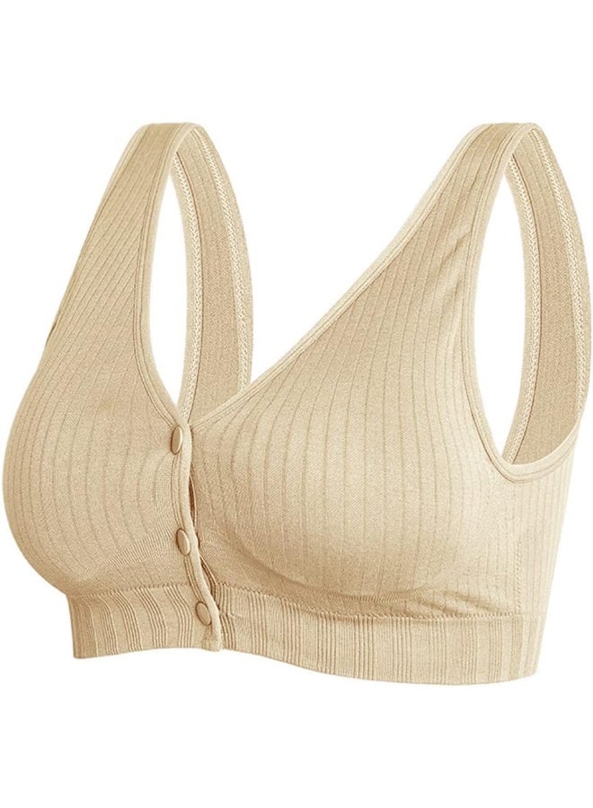 Rubik حمالة صدر للنساء، حمالة صدر للرضاعة مع إغلاق أمامي بأزرار، بدون درزات، وسادة قابلة للإزالة، حمالة صدر مريحة بدون أسلاك للحوامل للنوم (ميديم) بيج - Image 1