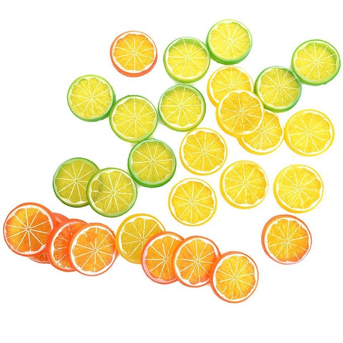 30 Pieces Plastic Lemon Slices Artificial Fake Lemon Props Lifelike Fruit Model for Decoration Garnish Photography Props DIY Teaching 5 CM2 Inch Orange Green and Yellow