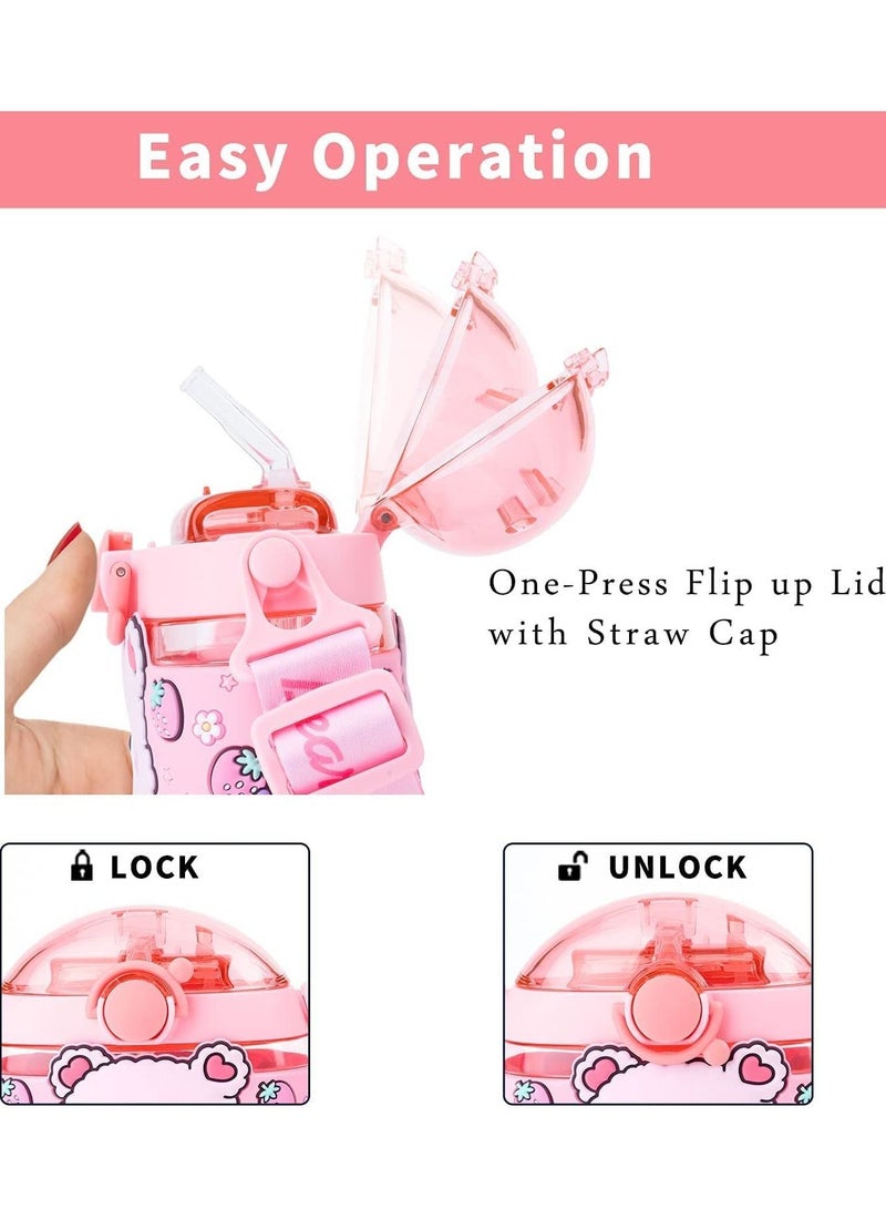 Y&D Water Bottle with Straw, 14oz Girls Bottles Sippy Lid and Shoulder Strap for School Leak Proof Reusable Plastic Cute Round Drink Sports Cups - Image 2