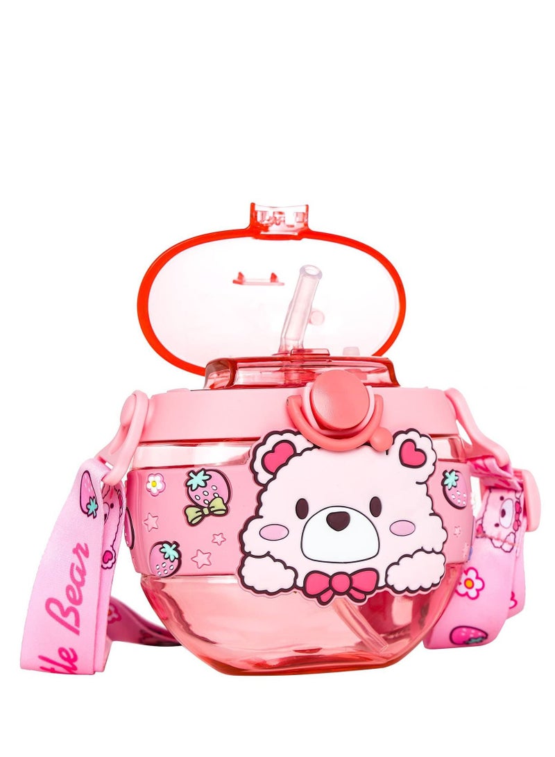 Y&D Water Bottle with Straw, 14oz Girls Bottles Sippy Lid and Shoulder Strap for School Leak Proof Reusable Plastic Cute Round Drink Sports Cups - Image 1