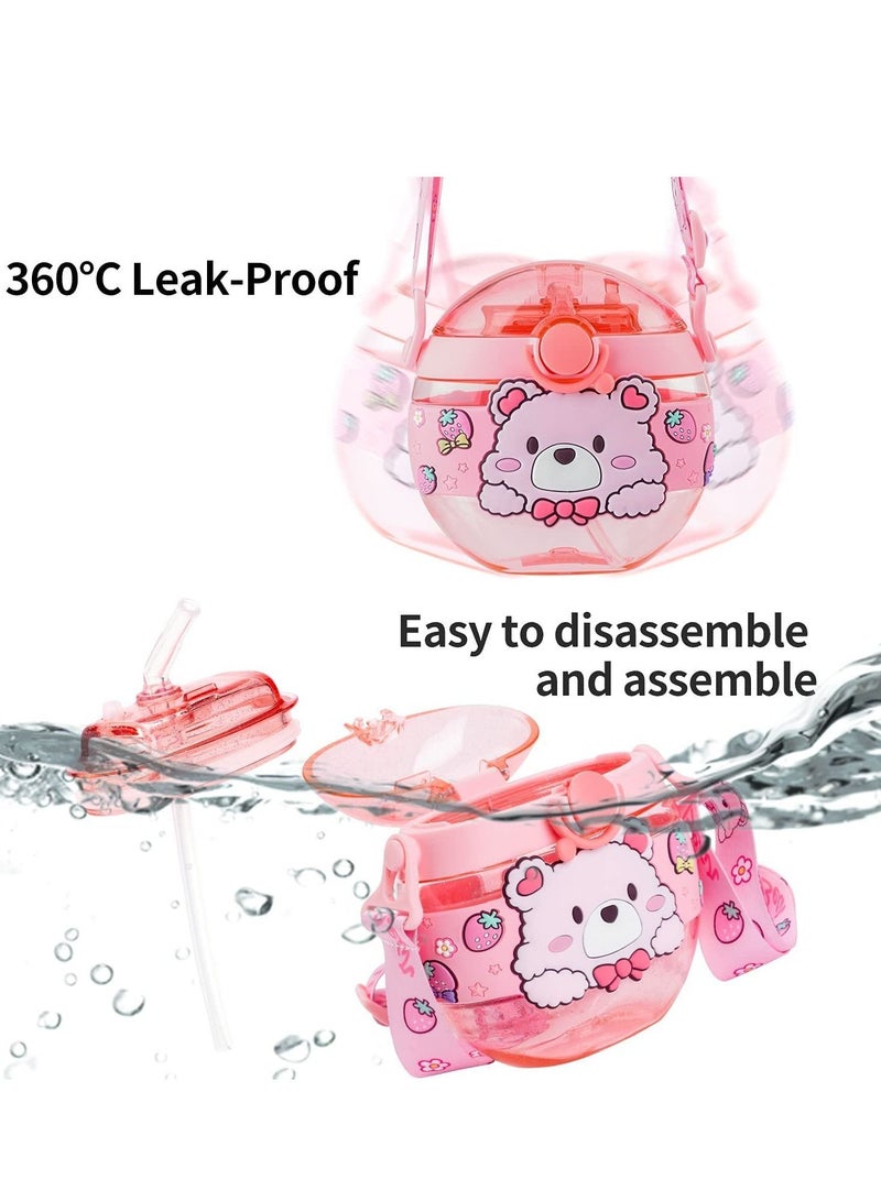Y&D Water Bottle with Straw, 14oz Girls Bottles Sippy Lid and Shoulder Strap for School Leak Proof Reusable Plastic Cute Round Drink Sports Cups - Image 3
