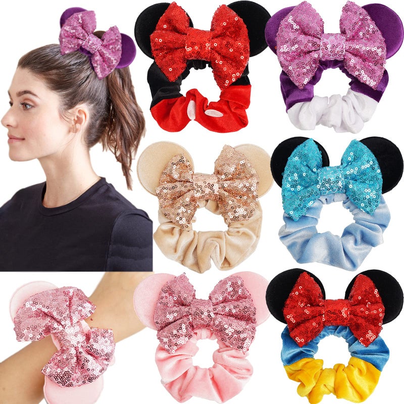 CellElection 6 Pack Mouse Mickey Ears Scrunchies Velvet Sparkle Sequin Minnie Bows Hair Scrunchies Hair Ties Elastic Rubber Bands Ponytail Holders for Kids Women Girls Adult Christmas Party Decoration - Image 1