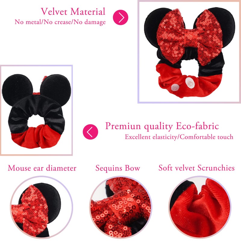 CellElection 6 Pack Mouse Mickey Ears Scrunchies Velvet Sparkle Sequin Minnie Bows Hair Scrunchies Hair Ties Elastic Rubber Bands Ponytail Holders for Kids Women Girls Adult Christmas Party Decoration - Image 5