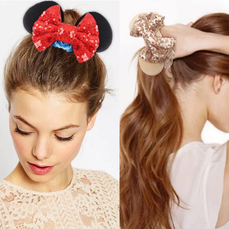 CellElection 6 Pack Mouse Mickey Ears Scrunchies Velvet Sparkle Sequin Minnie Bows Hair Scrunchies Hair Ties Elastic Rubber Bands Ponytail Holders for Kids Women Girls Adult Christmas Party Decoration - Image 4