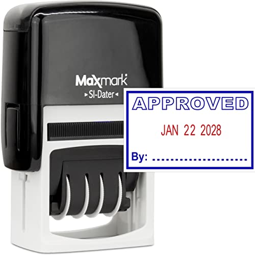 MaxMark Office Self Inking Date Stamp with Phrase Approved - 2 Color Blue/Red Ink - Image 1