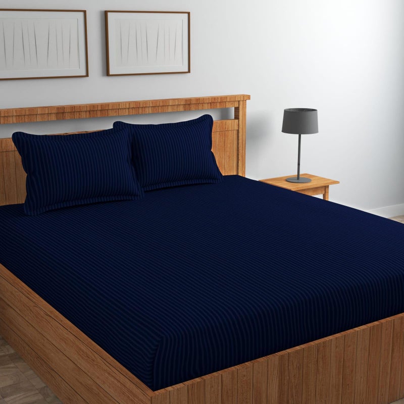 Vintage Threads 220 TC Microfiber Soft Cotton Feel All Around Elastic Fitted Bedsheet King Size,Elastic Fitted King Size Bed Sheet for Double Bed with 2Pillow Covers, Size-78X72” (Navy Blue) - Image 1