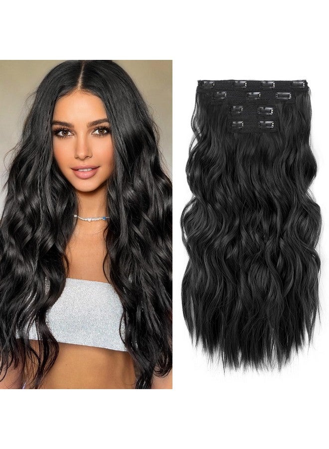 REECHO Hair Extensions, 4Pcs Clip In Hair Extensions 24" Thick Long Beach Waves Black Hair Extensions He003 Invisible Lace Weft Natural Soft Synthetic Hairpieces For Women - Black - Image 1