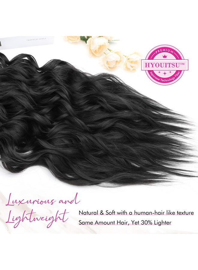REECHO Hair Extensions, 4Pcs Clip In Hair Extensions 24" Thick Long Beach Waves Black Hair Extensions He003 Invisible Lace Weft Natural Soft Synthetic Hairpieces For Women - Black - Image 2
