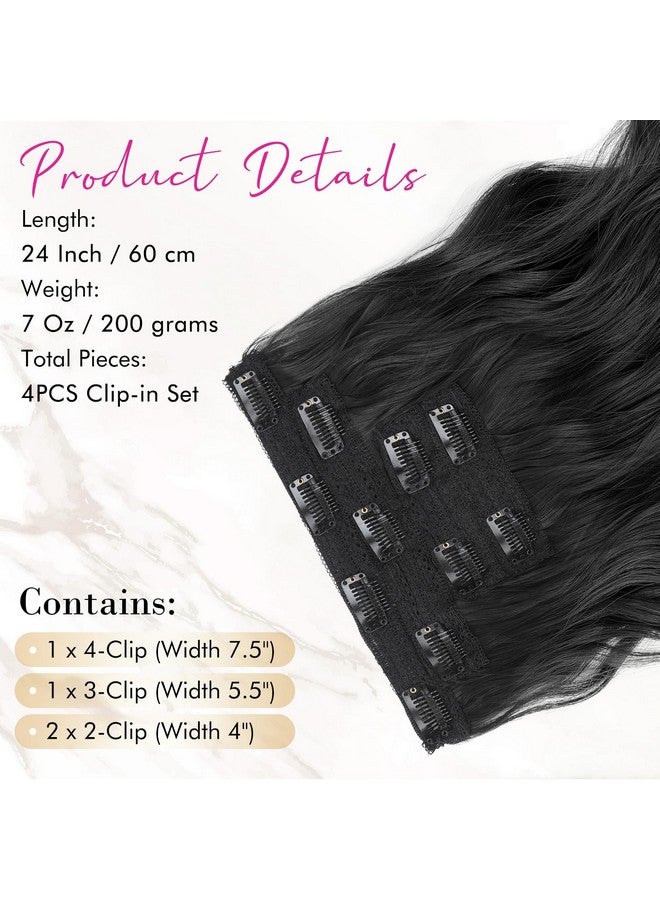 REECHO Hair Extensions, 4Pcs Clip In Hair Extensions 24" Thick Long Beach Waves Black Hair Extensions He003 Invisible Lace Weft Natural Soft Synthetic Hairpieces For Women - Black - Image 3