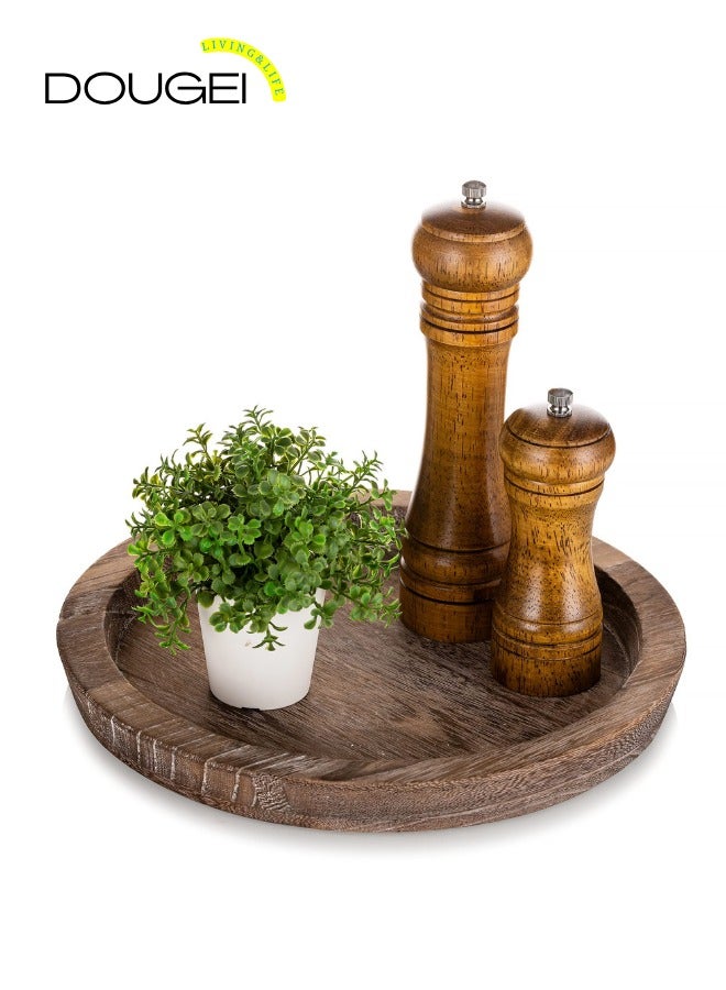 دوغي صينية تقديم خشبية بتصميم عتيق ولون بني - دائرية مزخرفة عتيقة يمكن استخدامها كحامل شموع، عثماني للمطبخ وسطح الطاولة وللديكور المنزلي ولطاولة القهوة، مستدير - Image 1