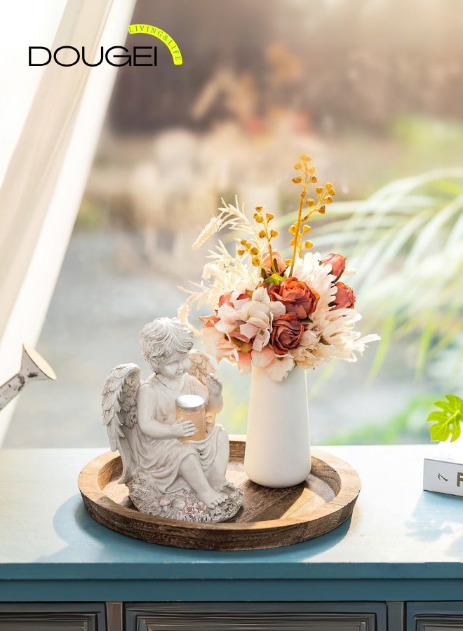 دوغي صينية تقديم خشبية بتصميم عتيق ولون بني - دائرية مزخرفة عتيقة يمكن استخدامها كحامل شموع، عثماني للمطبخ وسطح الطاولة وللديكور المنزلي ولطاولة القهوة، مستدير - Image 3