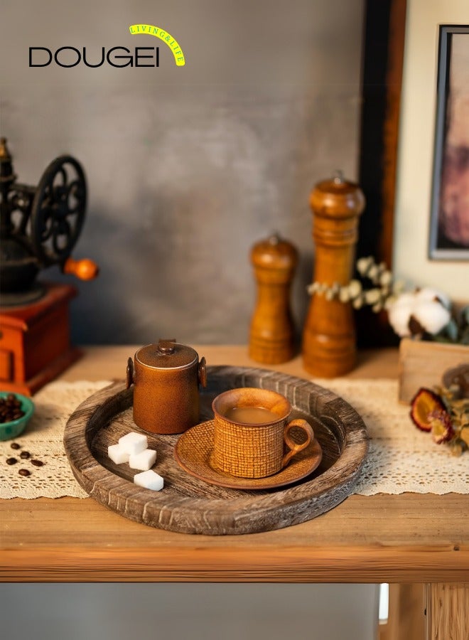 دوغي صينية تقديم خشبية بتصميم عتيق ولون بني - دائرية مزخرفة عتيقة يمكن استخدامها كحامل شموع، عثماني للمطبخ وسطح الطاولة وللديكور المنزلي ولطاولة القهوة، مستدير - Image 4