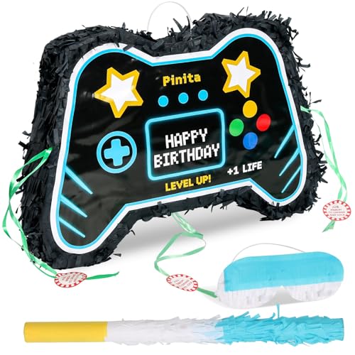 INNOLIFE Video Game Piata Party Supplies Piata with Blindfold and Bat Gaming Theme Piatas for Kids Birthday Party Decorations Blue - Image 1