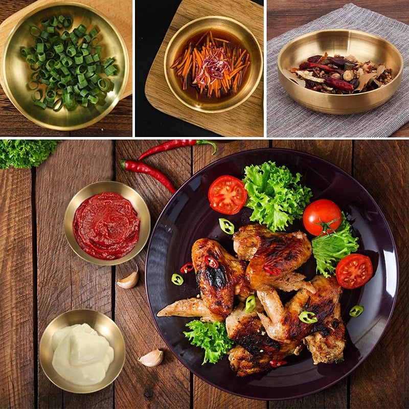 Roucerlin 6PCS Double Deck Stainless Steel Sauce Dish Small 35 In Round Mini Condiment Tray Sauce Plate Sushi Dipping Bowls Appetizer Trays Dinner Plate Condiment Dish for Restaurant and HomeGolden - Image 5