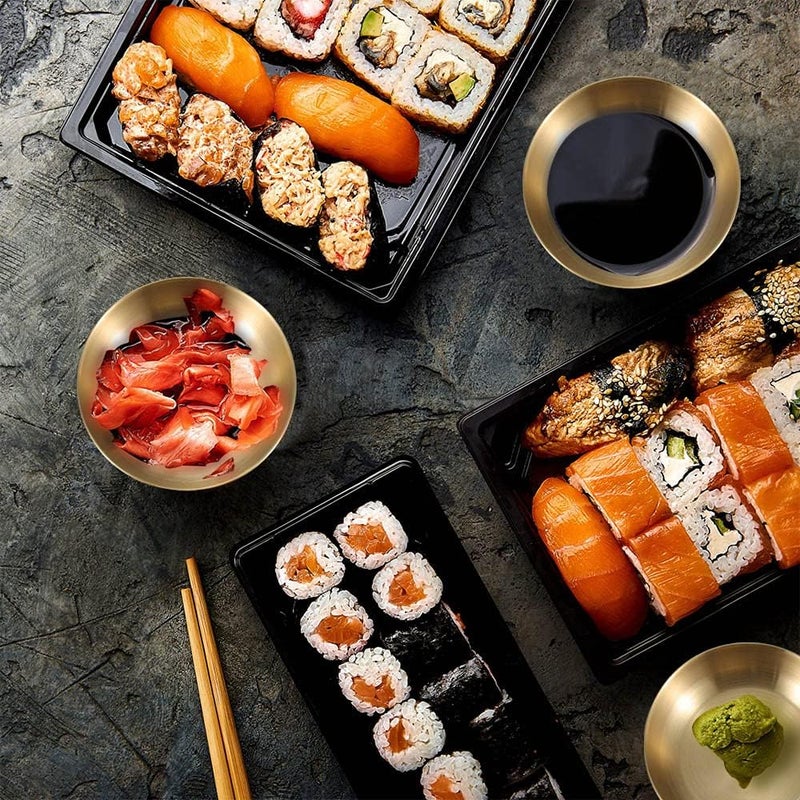 Roucerlin 6PCS Double Deck Stainless Steel Sauce Dish Small 35 In Round Mini Condiment Tray Sauce Plate Sushi Dipping Bowls Appetizer Trays Dinner Plate Condiment Dish for Restaurant and HomeGolden - Image 3