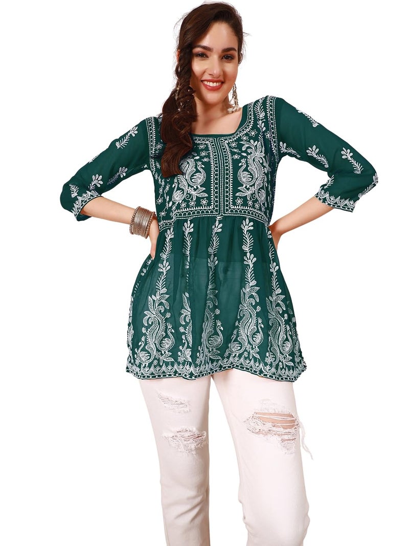 EthnicJunction Georgette Women Chikan Embroidery Short A-Line Kurti | Summer Kurti | Short Kurti for Women | Top for Office | Women's Tunics Tops | Kurta Shirt Top | Regular Fit Top Rama - Image 1