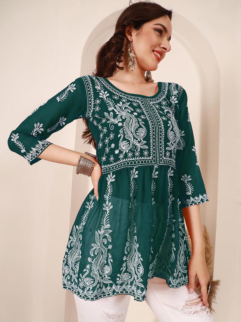 EthnicJunction Georgette Women Chikan Embroidery Short A-Line Kurti | Summer Kurti | Short Kurti for Women | Top for Office | Women's Tunics Tops | Kurta Shirt Top | Regular Fit Top Rama - Image 4