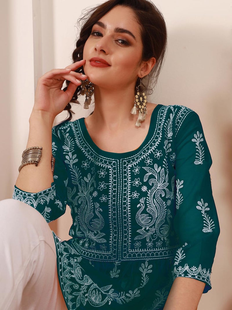 EthnicJunction Georgette Women Chikan Embroidery Short A-Line Kurti | Summer Kurti | Short Kurti for Women | Top for Office | Women's Tunics Tops | Kurta Shirt Top | Regular Fit Top Rama - Image 2