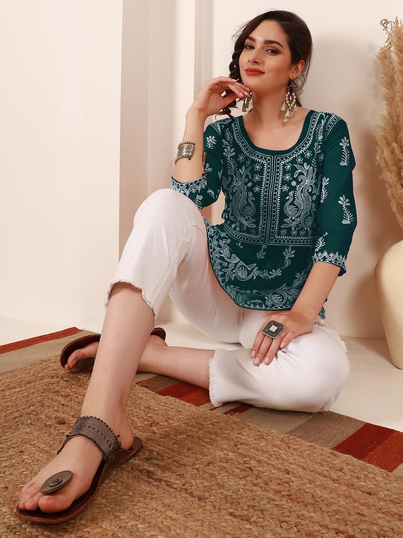 EthnicJunction Georgette Women Chikan Embroidery Short A-Line Kurti | Summer Kurti | Short Kurti for Women | Top for Office | Women's Tunics Tops | Kurta Shirt Top | Regular Fit Top Rama - Image 3