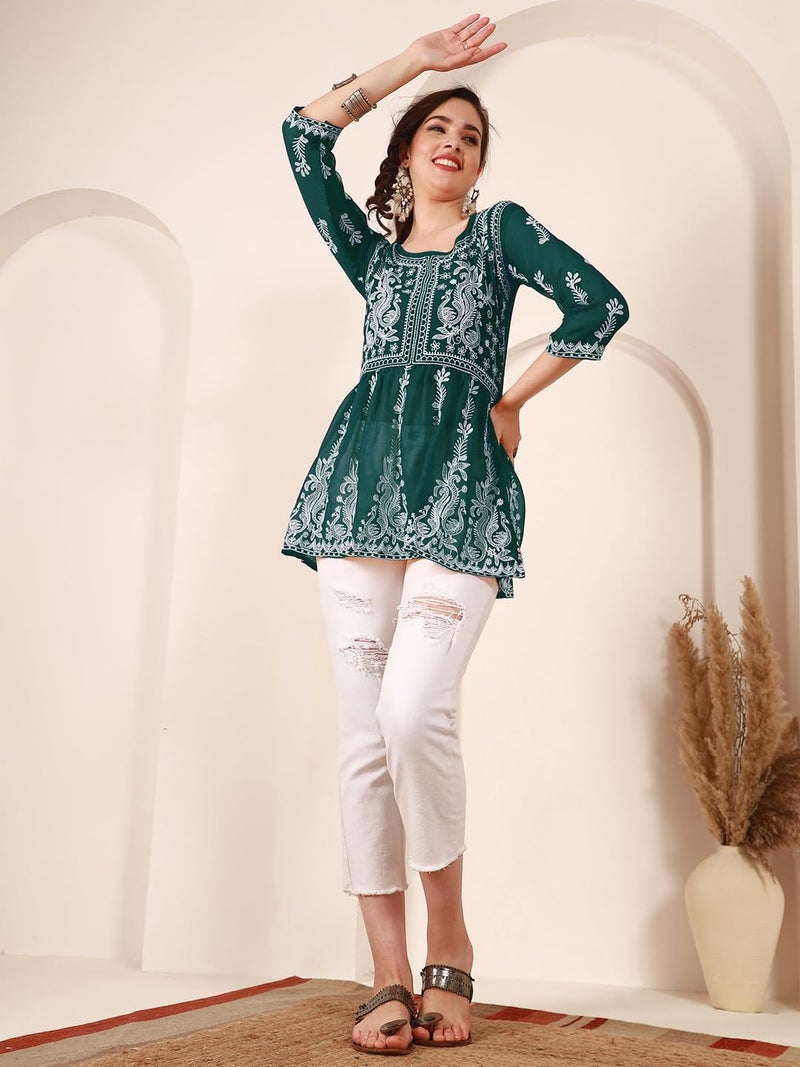 EthnicJunction Georgette Women Chikan Embroidery Short A-Line Kurti | Summer Kurti | Short Kurti for Women | Top for Office | Women's Tunics Tops | Kurta Shirt Top | Regular Fit Top Rama - Image 5