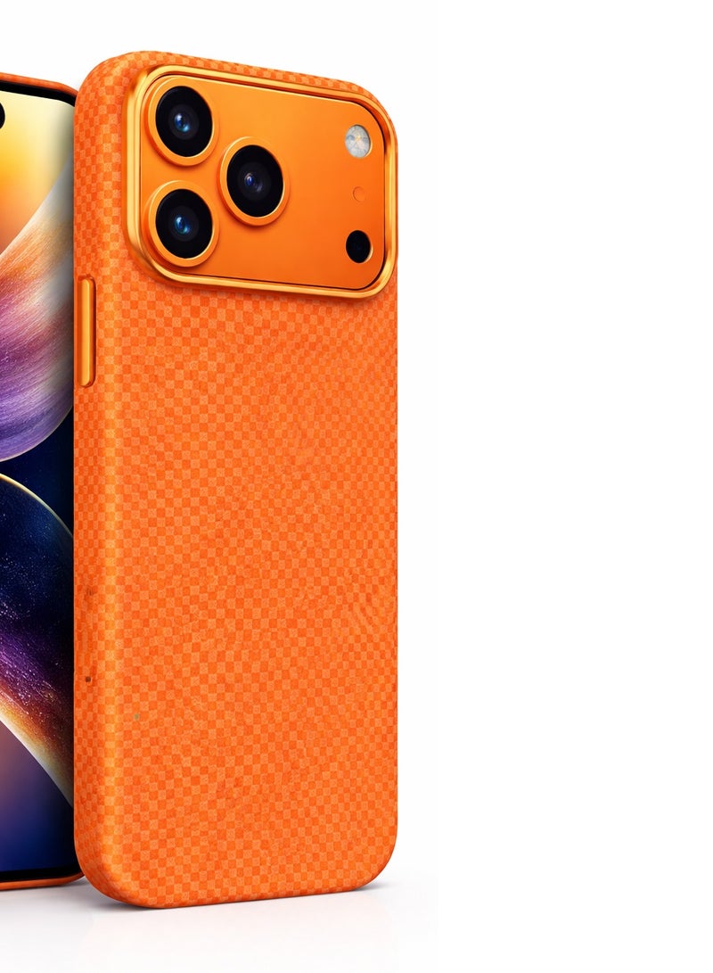 جراب iPhone 17 Pro Max - غطاء برتقالي فاخر بنسيج ألياف الكربون مع إطار معدني للكاميرا، تصميم نحيف وواقي، متوافق مع الشحن اللاسلكي، يدعم إشارة 5G - Image 2