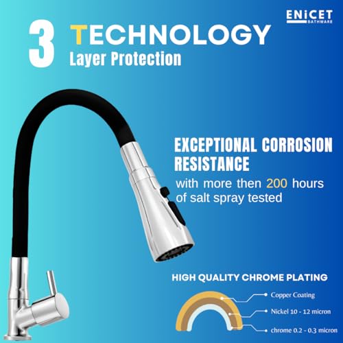 ENICET Brass Swan Neck Sink Tap for Kitchen, 3 Flow Modes, Flexible Swivel Spout Black, Deck Mount, Chrome Finish, Kitchen Sink Tap, Wash Basin Tap, 360 Rotating Sink Cock (FE111TF) - Image 3