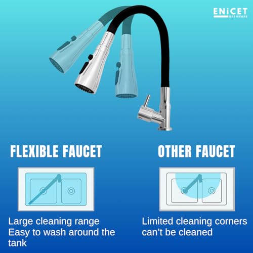 ENICET Brass Swan Neck Sink Tap for Kitchen, 3 Flow Modes, Flexible Swivel Spout Black, Deck Mount, Chrome Finish, Kitchen Sink Tap, Wash Basin Tap, 360 Rotating Sink Cock (FE111TF) - Image 5