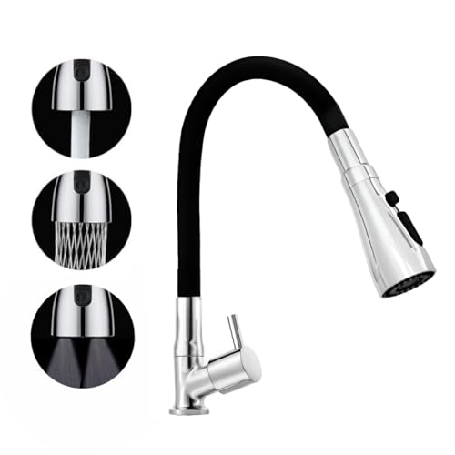 ENICET Brass Swan Neck Sink Tap for Kitchen, 3 Flow Modes, Flexible Swivel Spout Black, Deck Mount, Chrome Finish, Kitchen Sink Tap, Wash Basin Tap, 360 Rotating Sink Cock (FE111TF) - Image 1