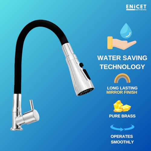 ENICET Brass Swan Neck Sink Tap for Kitchen, 3 Flow Modes, Flexible Swivel Spout Black, Deck Mount, Chrome Finish, Kitchen Sink Tap, Wash Basin Tap, 360 Rotating Sink Cock (FE111TF) - Image 4