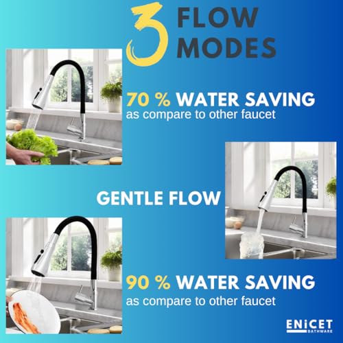 ENICET Brass Swan Neck Sink Tap for Kitchen, 3 Flow Modes, Flexible Swivel Spout Black, Deck Mount, Chrome Finish, Kitchen Sink Tap, Wash Basin Tap, 360 Rotating Sink Cock (FE111TF) - Image 2
