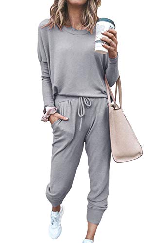Fixmatti Women 2 Piece Outfits Long Sleeve Sweatshirt Pants Set Tracksuit Grey M - Image 1