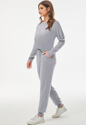 Fixmatti Women 2 Piece Outfits Long Sleeve Sweatshirt Pants Set Tracksuit Grey M - Image 5