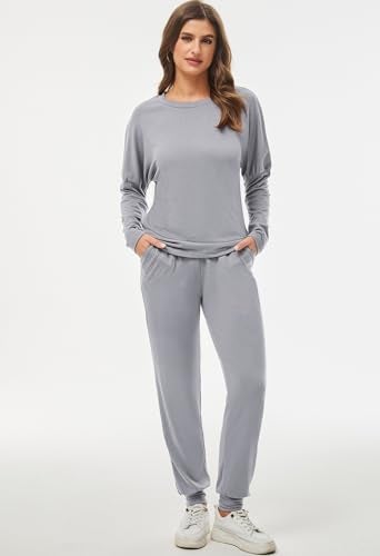 Fixmatti Women 2 Piece Outfits Long Sleeve Sweatshirt Pants Set Tracksuit Grey M - Image 3