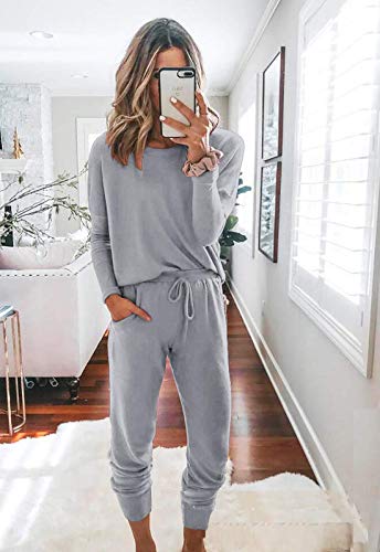 Fixmatti Women 2 Piece Outfits Long Sleeve Sweatshirt Pants Set Tracksuit Grey M - Image 2