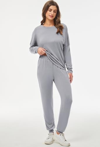 Fixmatti Women 2 Piece Outfits Long Sleeve Sweatshirt Pants Set Tracksuit Grey M - Image 4
