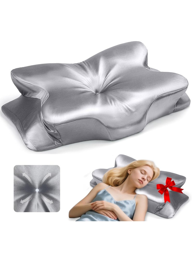 كيلا وسائد عنق عنق الرحم للنوم وتخفيف الألم - وسادة مريحة من الإسفنج المرن المريح للذين ينامون على الجانب/الظهر/البطن، بارتفاعين مع غطاء قابل للإزالة من الساتان الحريري - هدايا للرجال والنساء - Image 1