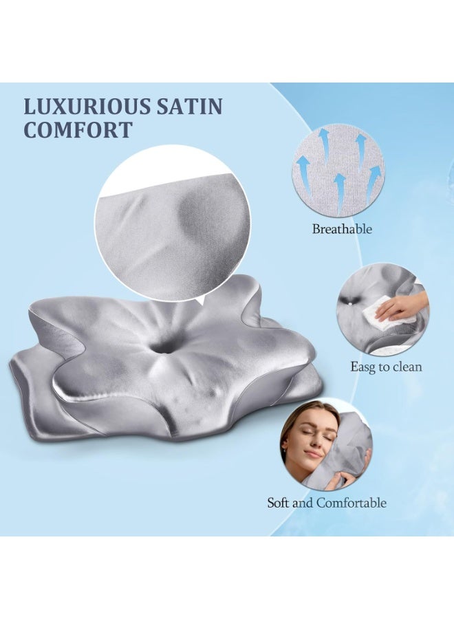 كيلا وسائد عنق عنق الرحم للنوم وتخفيف الألم - وسادة مريحة من الإسفنج المرن المريح للذين ينامون على الجانب/الظهر/البطن، بارتفاعين مع غطاء قابل للإزالة من الساتان الحريري - هدايا للرجال والنساء - Image 2