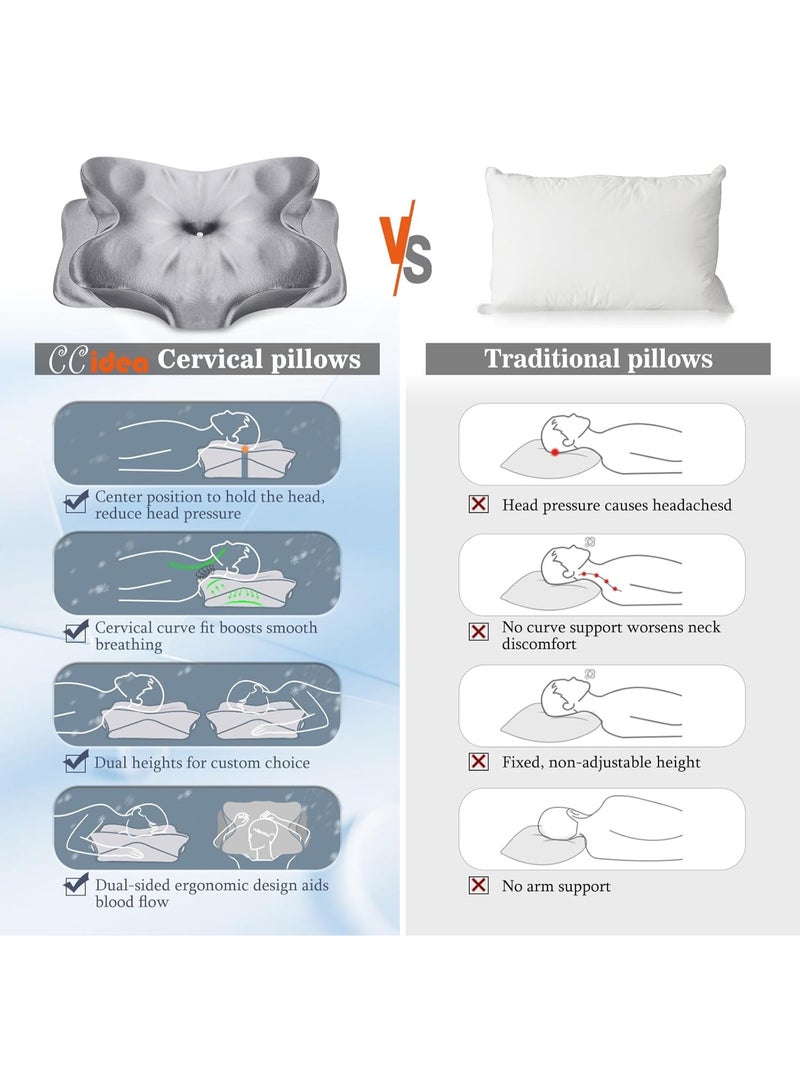 كيلا وسائد عنق عنق الرحم للنوم وتخفيف الألم - وسادة مريحة من الإسفنج المرن المريح للذين ينامون على الجانب/الظهر/البطن، بارتفاعين مع غطاء قابل للإزالة من الساتان الحريري - هدايا للرجال والنساء - Image 4